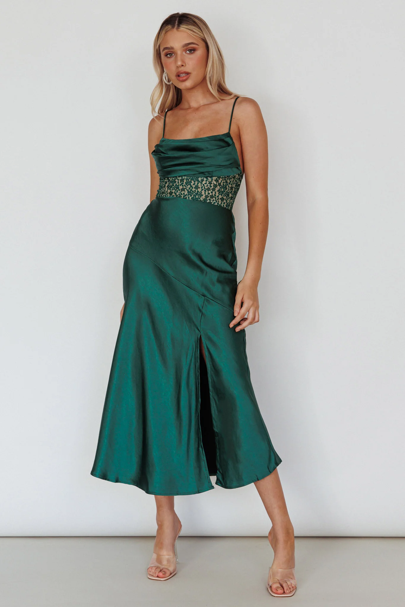 Golden Era Cowl Neck Lace Waist Midi Dress Jade - Sonourner