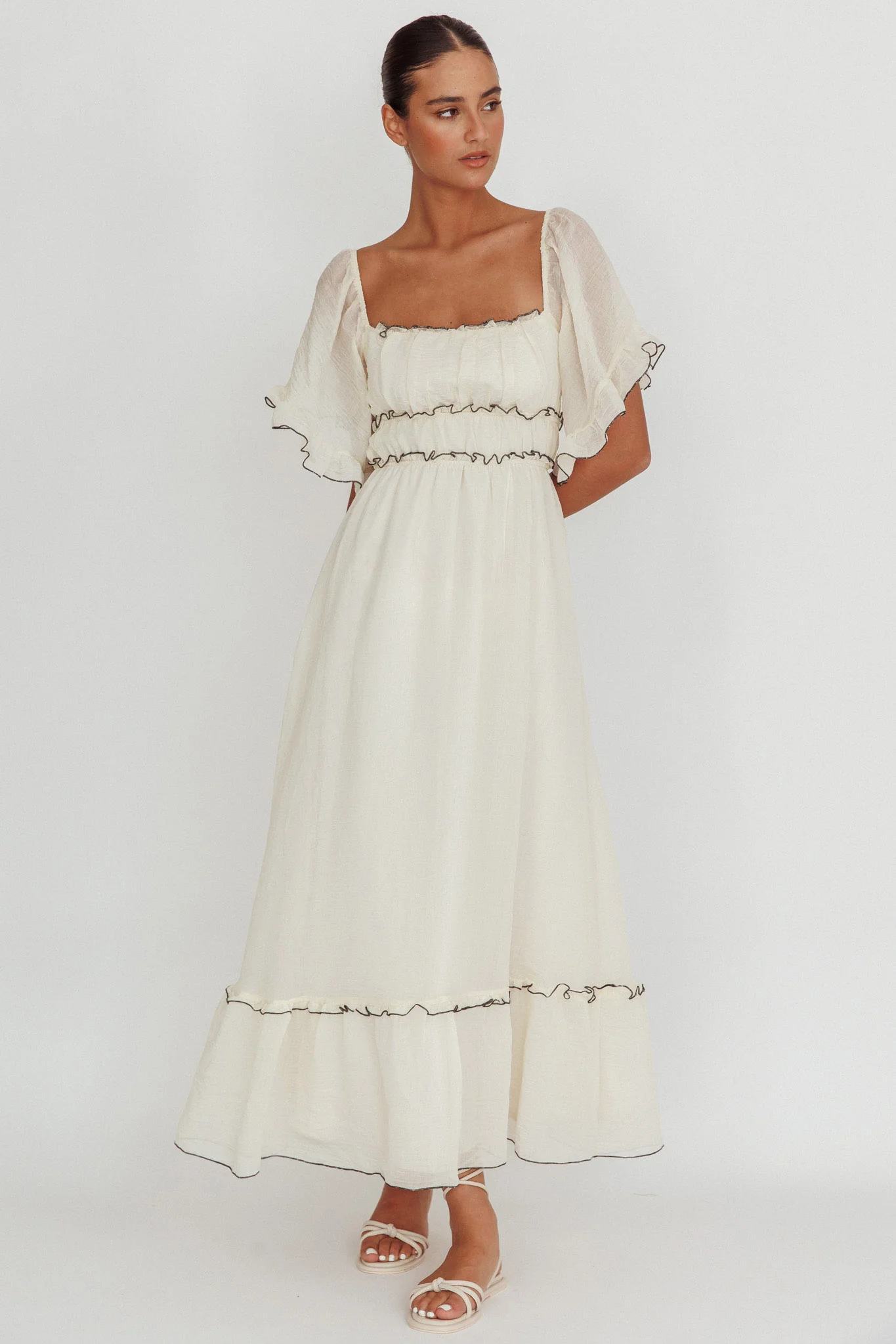 Kathlene Flutter Sleeves Maxi Dress Cream - Sonourner
