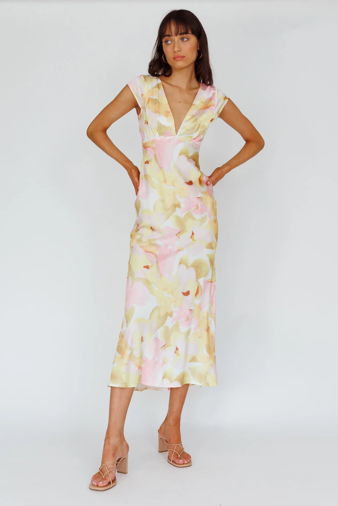 Lucinda Cap Sleeve Twist Back Midi Dress Flower Pink - Sonourner
