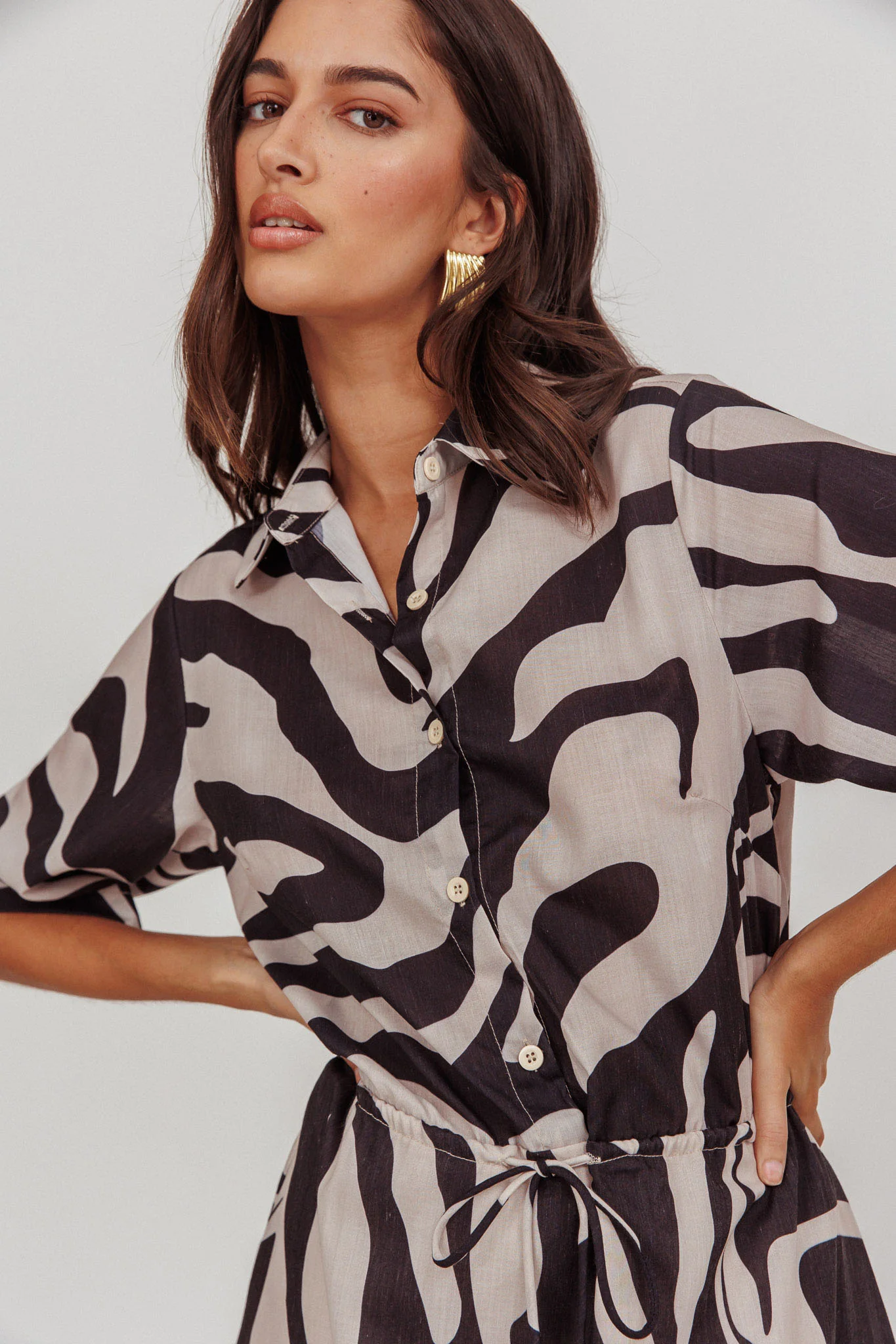 Tiki Boxy Sleeve Print A-line Midi Dress Beige - Sonourner