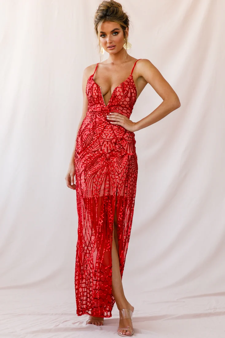 Miya Sequin Overlay Plunging Neckline Dress Red - Sonourner