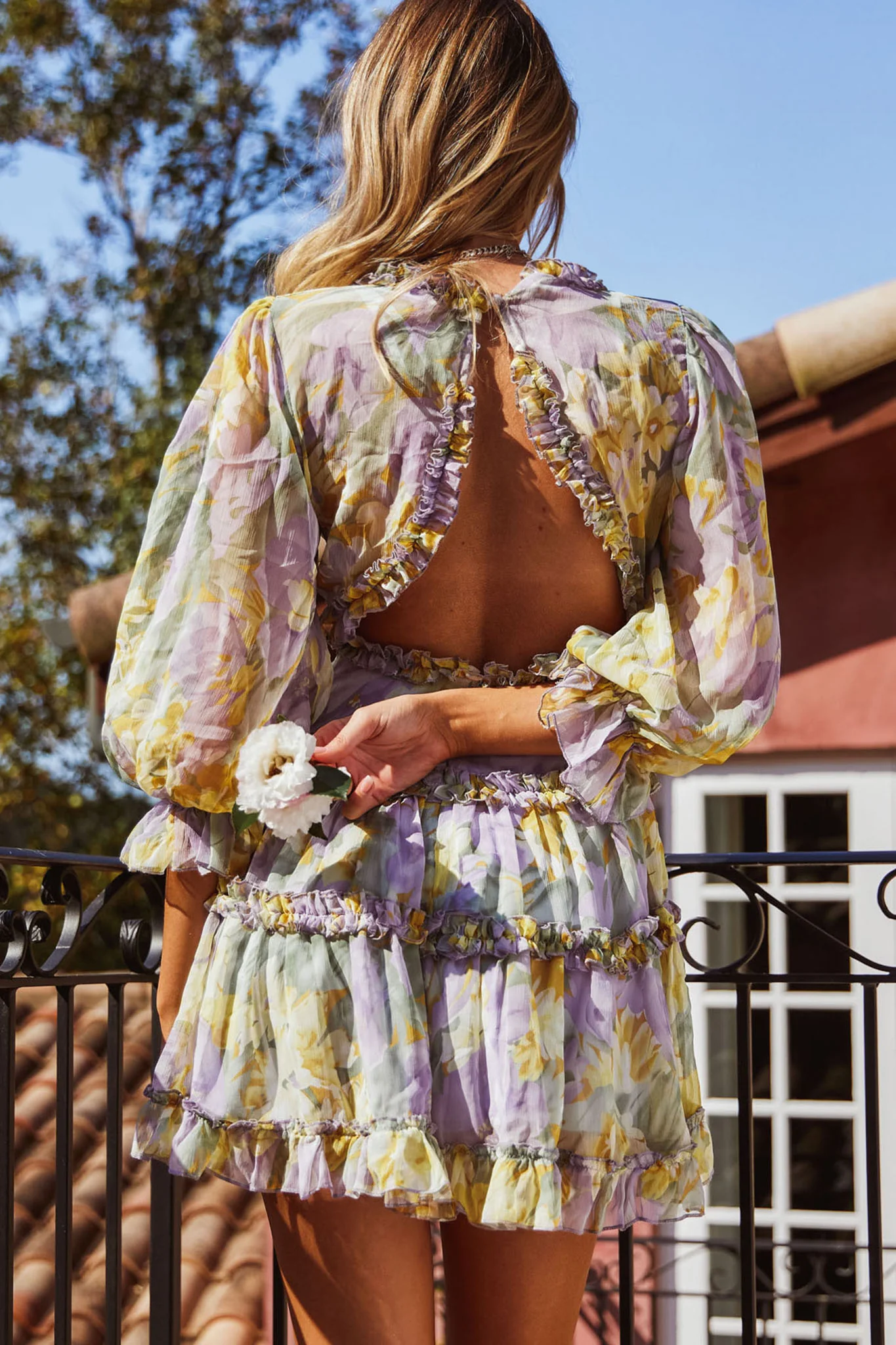 Laney Cutout Back Ruffle Trim Dress Watercolor Floral Print Yellow - Sonourner