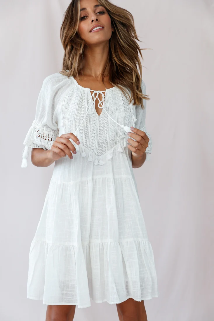 Jada Crochet and Tassel Kaftan Dress White - Sonourner