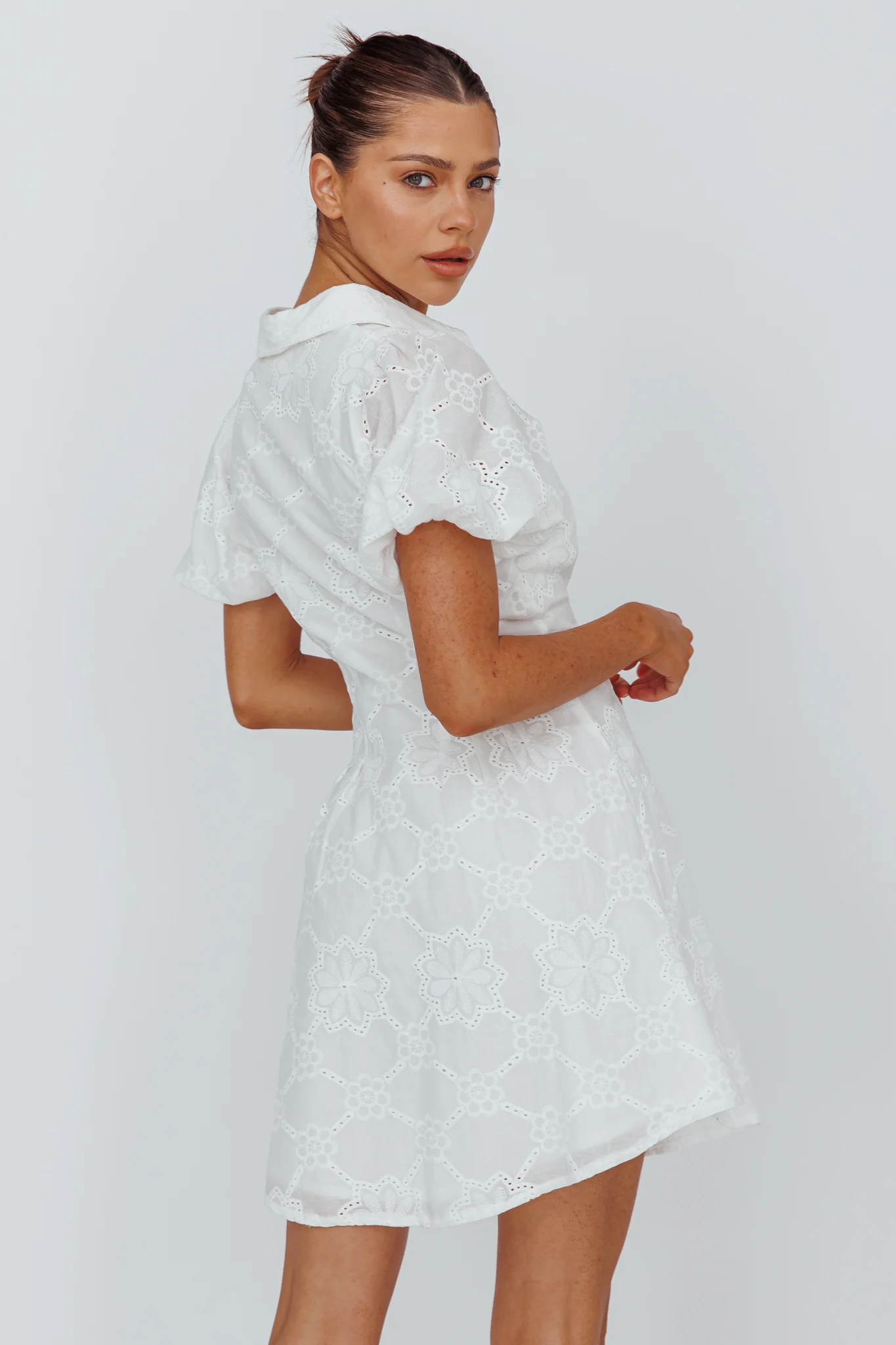 Zurich Pleated Waist Shirt Dress Eyelet White - Sonourner