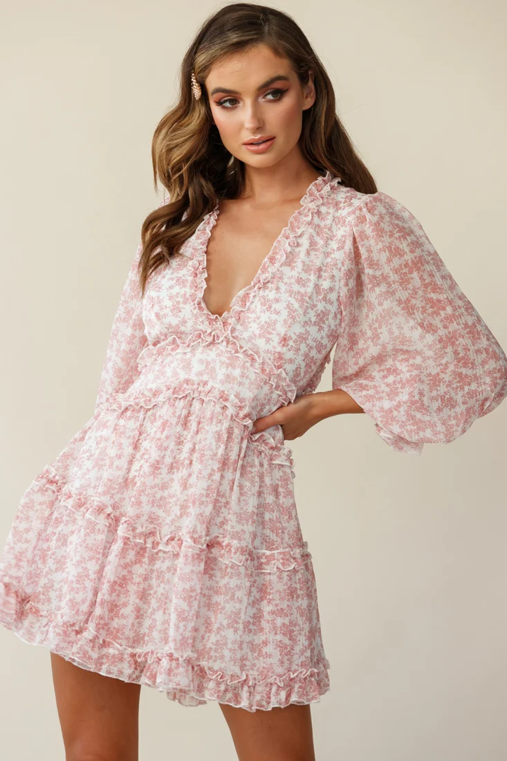 Laney Cutout Back Ruffle Trim Dress Floral Print Blush - Sonourner