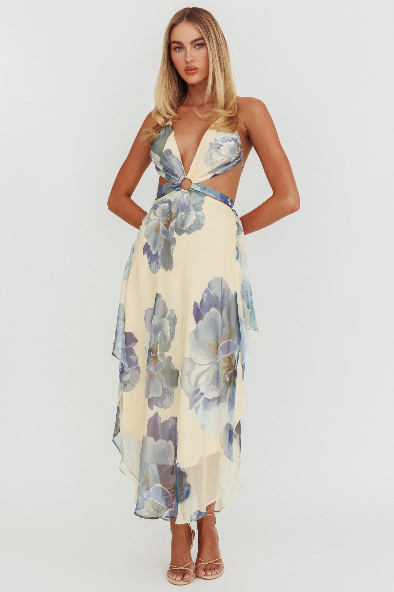 Samia Cut-Out Halterneck Maxi Dress Beige/Blue - Sonourner