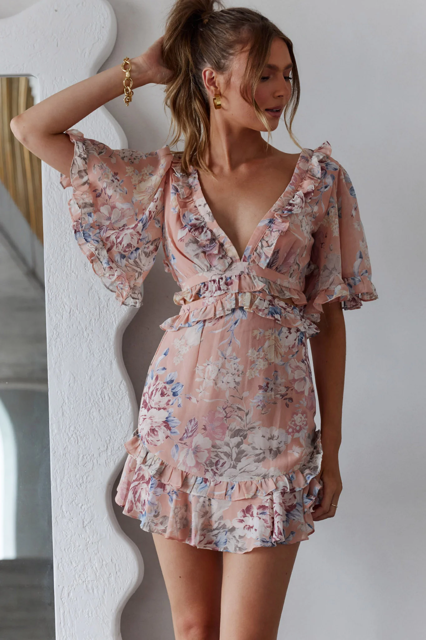My Belle Cut-Out Detail Frill Accent Dress Vintage Floral Print Peach - Sonourner