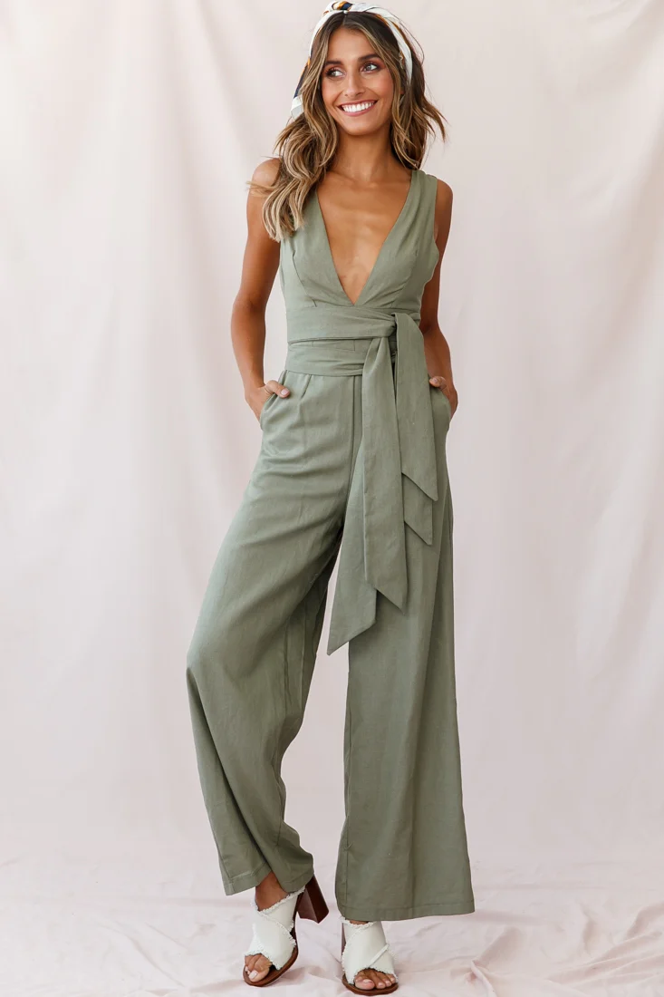 Dylan V-Neckline Wide Leg Jumpsuit Olive - Sonourner