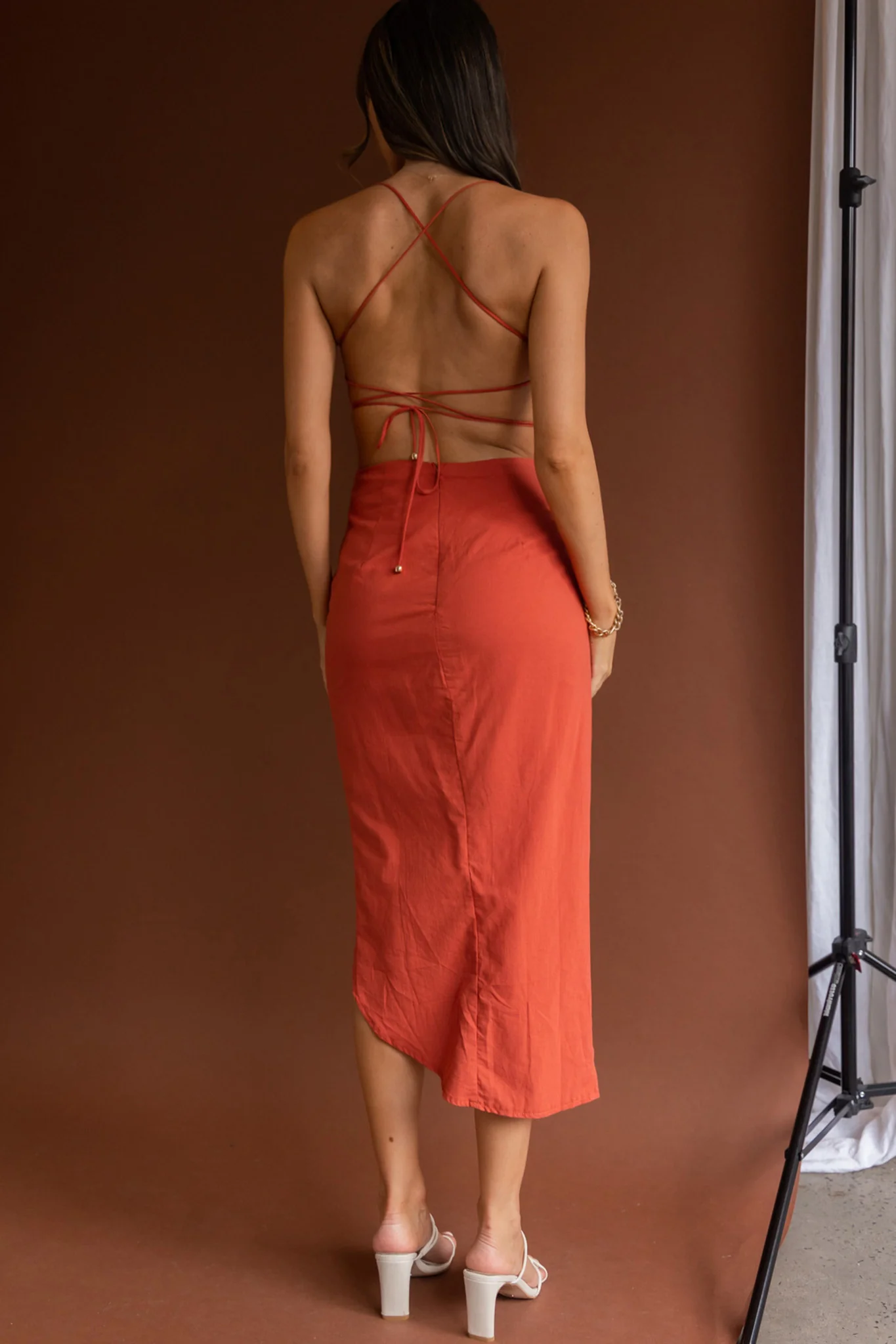Heaven On Earth Lace-Up Back Midi Dress Rust - Sonourner