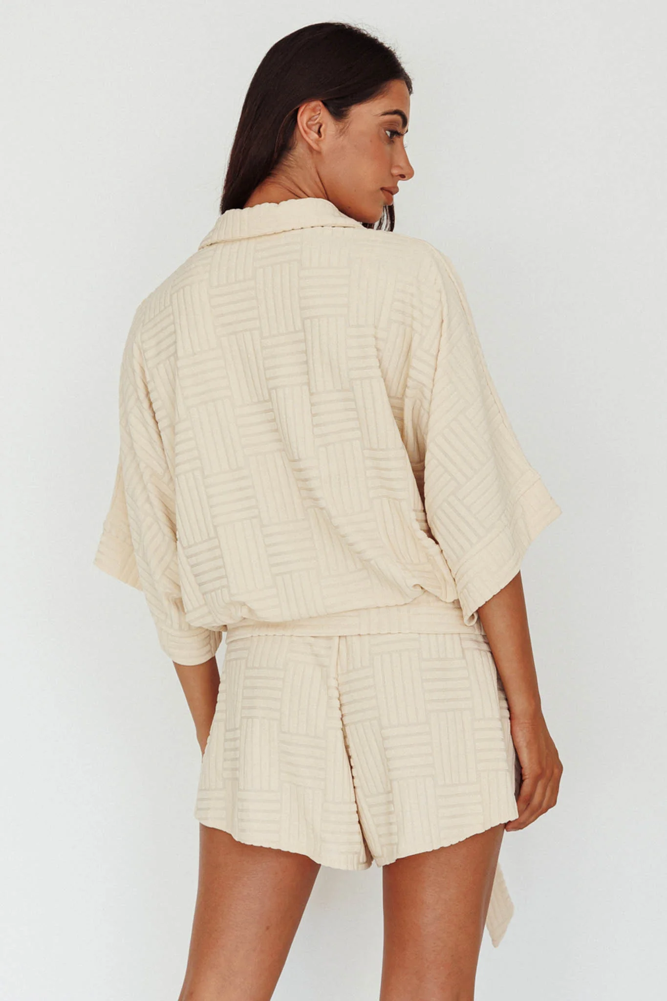 Daytona Beach Button-Up Romper Textured Beige - Sonourner