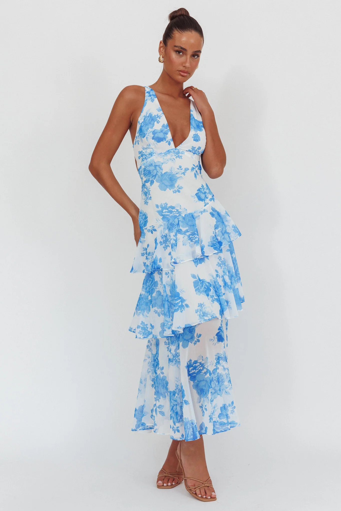 Veda Strappy Back Ruffle Maxi Dress Roses Blue - Sonourner