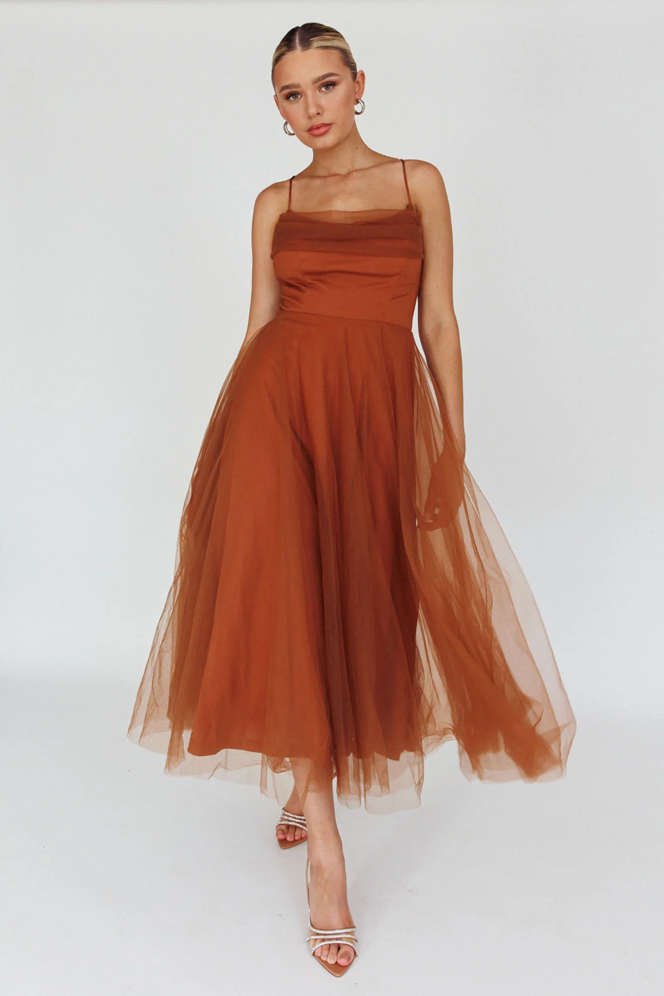 Floating By Pleated Neckline Mesh Midi Dress Brown - Sonourner