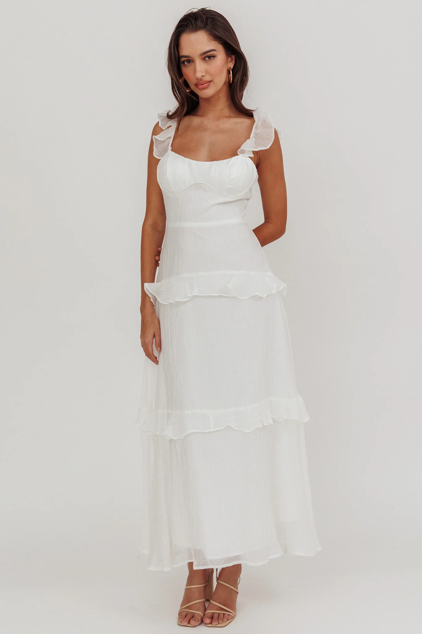 Moonlit Moment Ruffle Trim Lace-Up Back Maxi Dress White - Sonourner