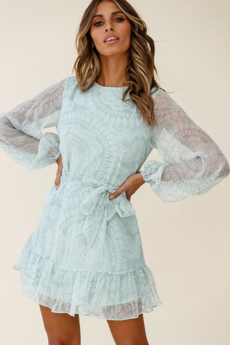 Always & Forever Long Balloon Sleeve Crew Neck Dress Paisley Print Mint - Sonourner