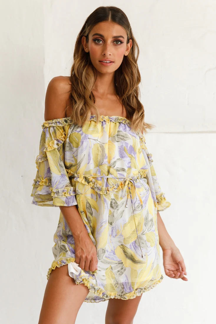 Adriel Off-Shoulder Frill Detail Dress Leaf Print White/Yellow - Sonourner