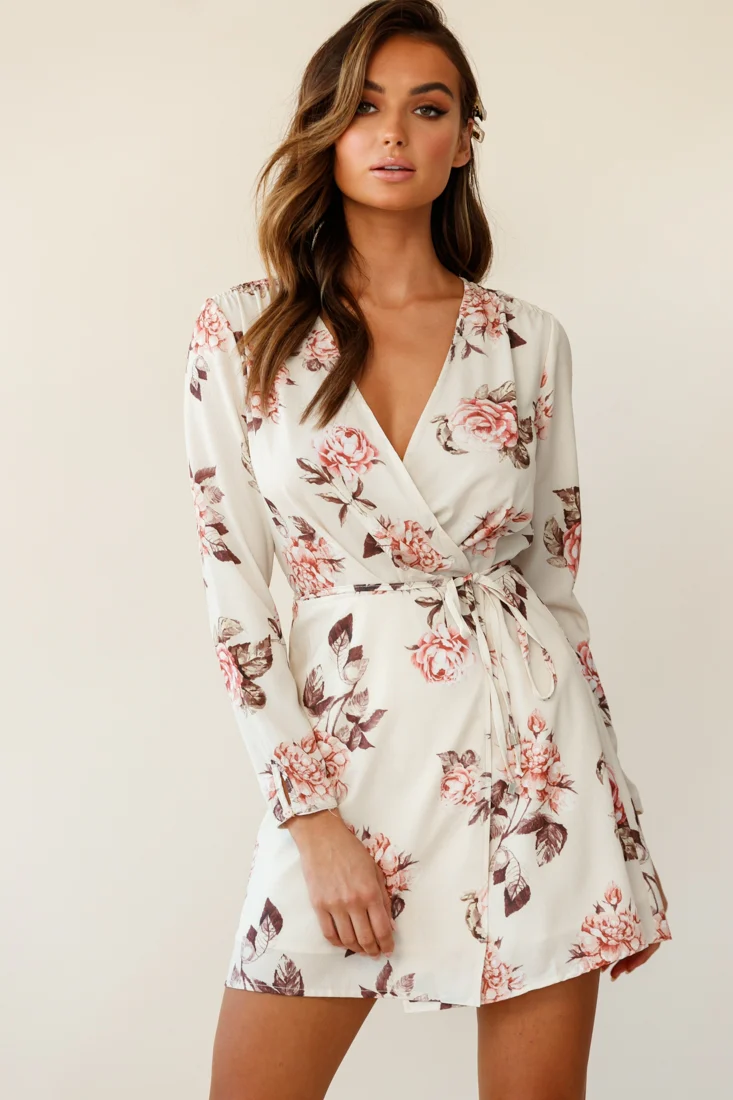 Aryanna Floral Darling Wrap Dress Beige - Sonourner