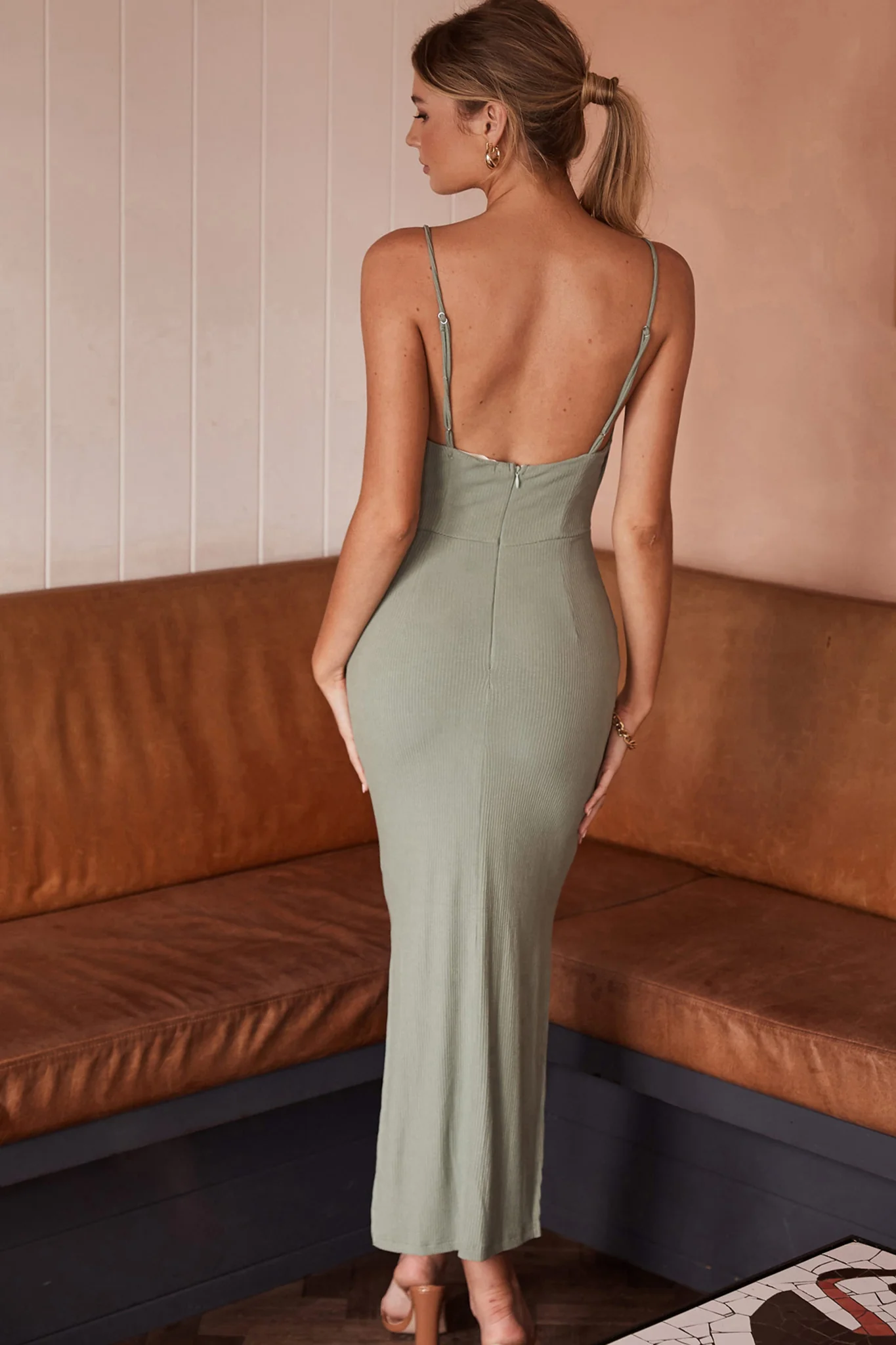 Frieda Cowl Neck Side Split Ribbed Midi Dress Sage - Sonourner