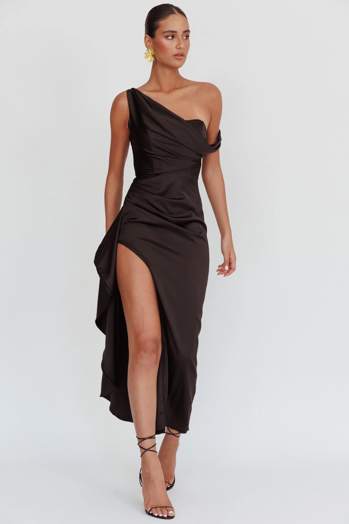 Sensations Off Shoulder Satin Maxi Dress Black - Sonourner
