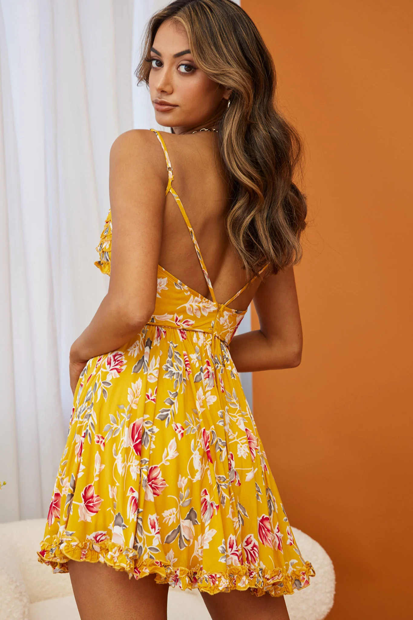 Dote On Me Frill Trim Strappy Back Dress Flower Print Mustard - Sonourner