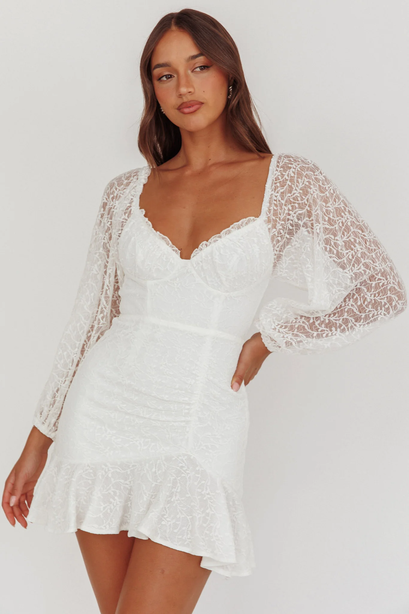 Halley Balloon Sleeve Frill Bust Flounce Hem Lace Dress White - Sonourner