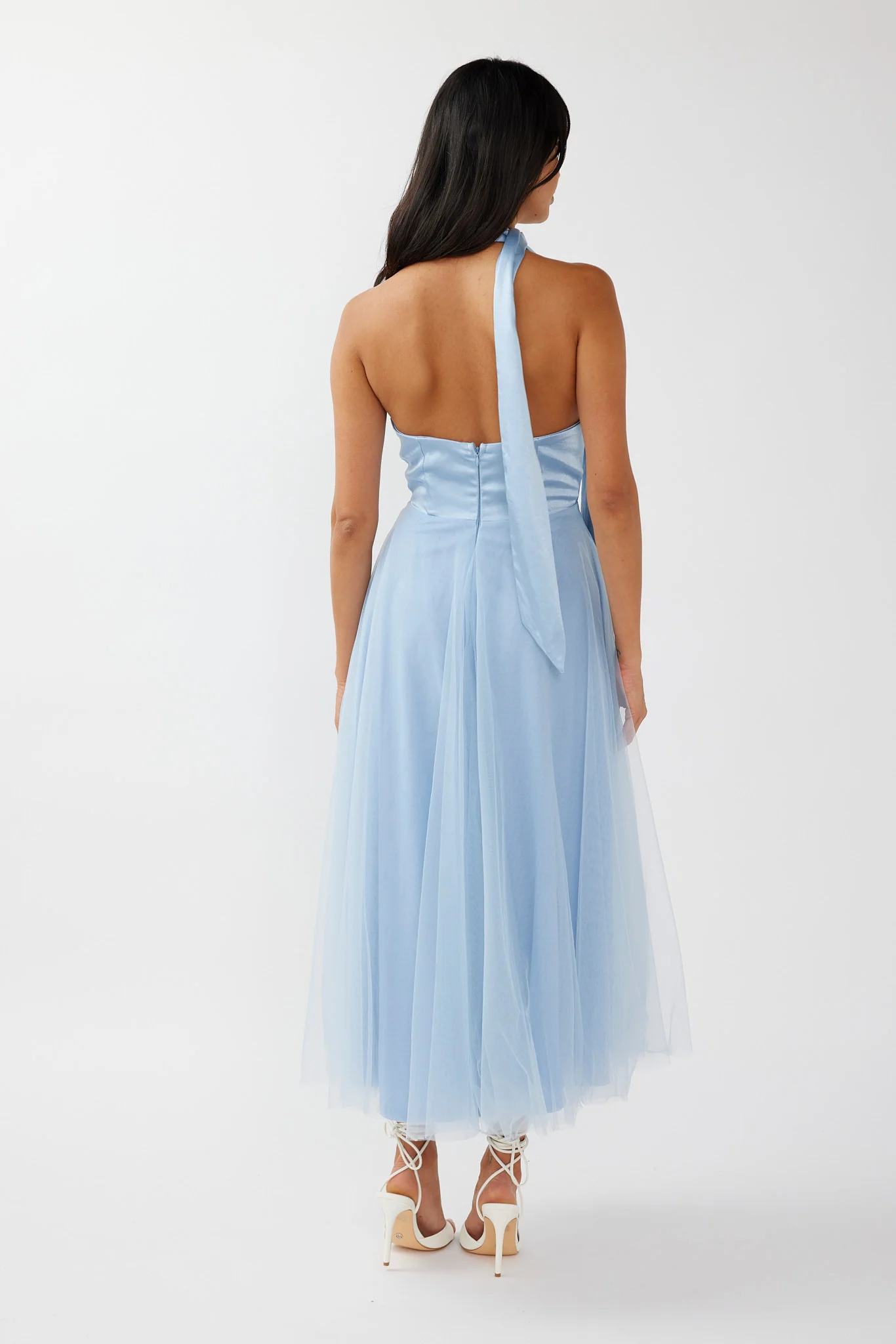 Darci Plunging Neckline Tulle Midi Dress Blue - Sonourner