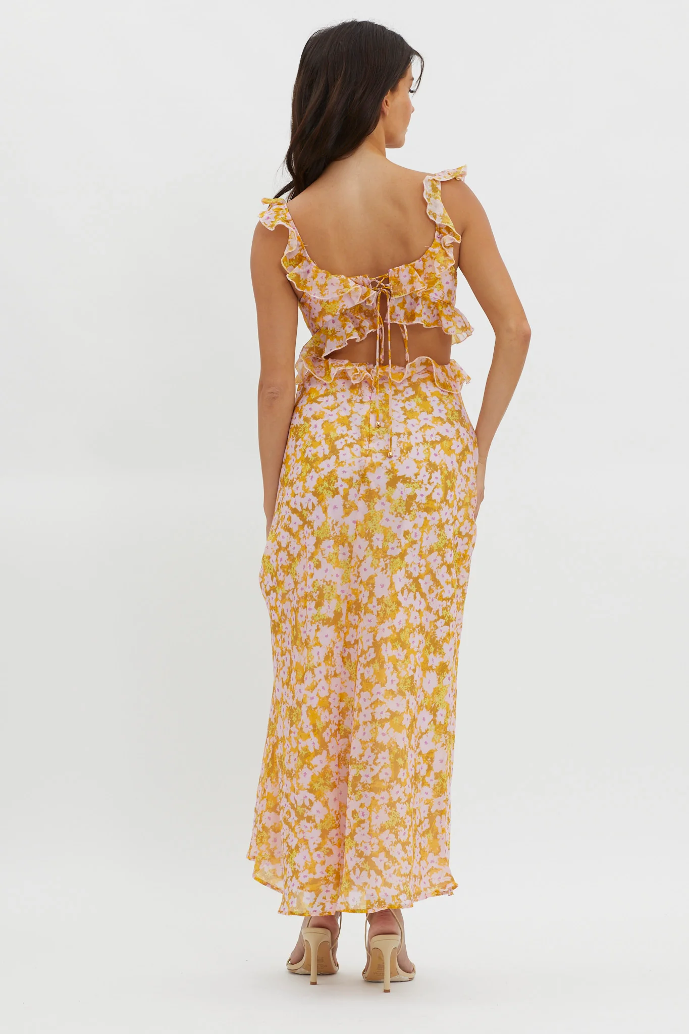 Second Chances Ruffle Trim Maxi Dress Flowers Yellow - Sonourner