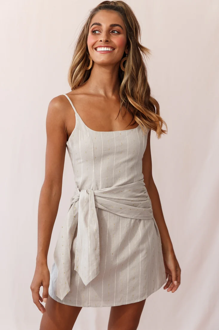 Echo Rounded Neckline Tied Sash Dress Pinstripe Stone - Sonourner