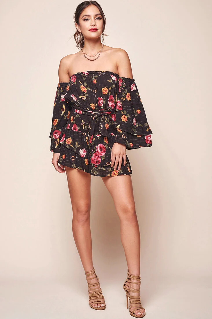 Emory Off the Shoulder Bell Sleeve Romper Black - Sonourner