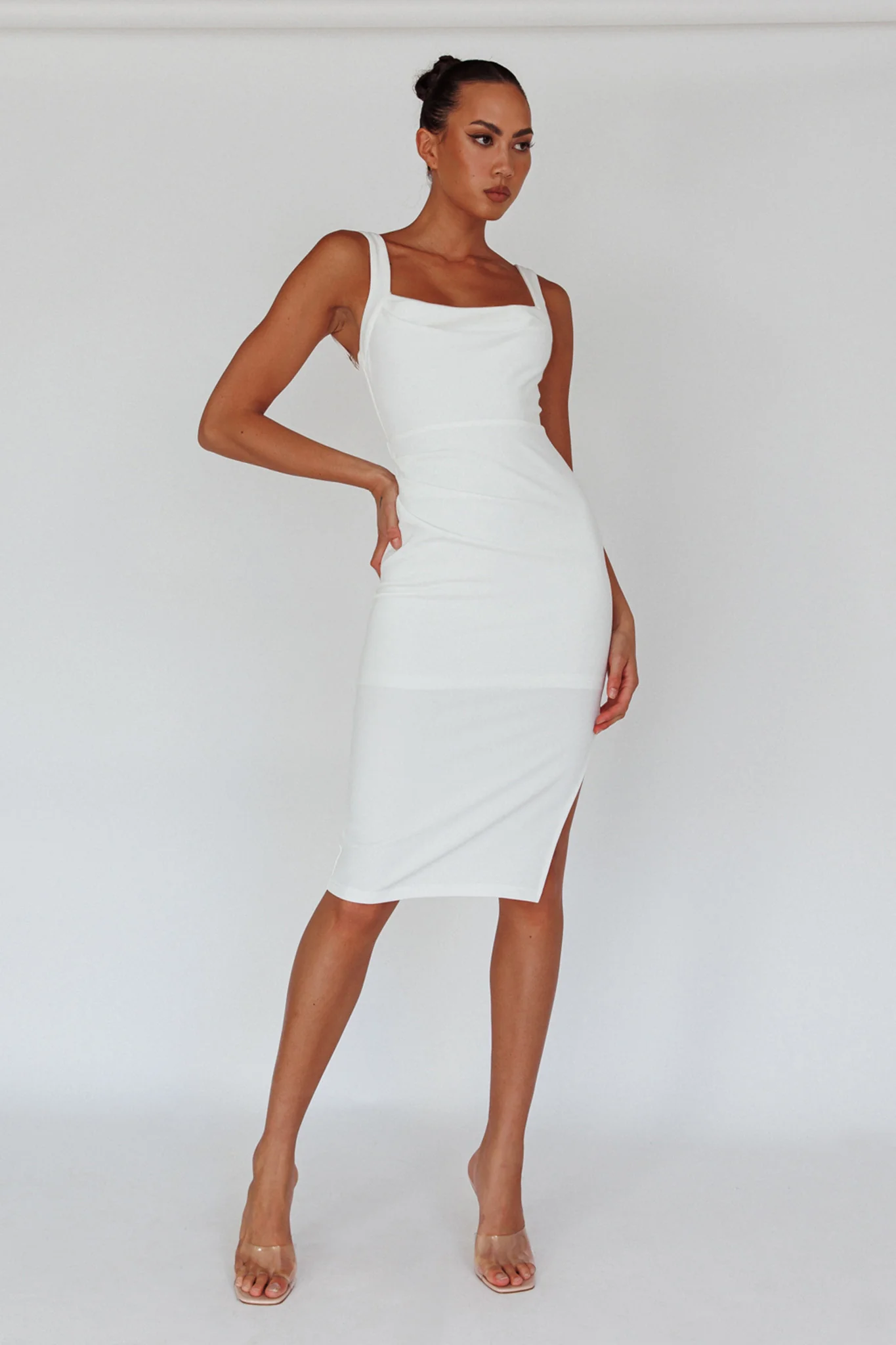 Bella Vista Cowl Neckline Thick Strap Knee Length Dress White - Sonourner