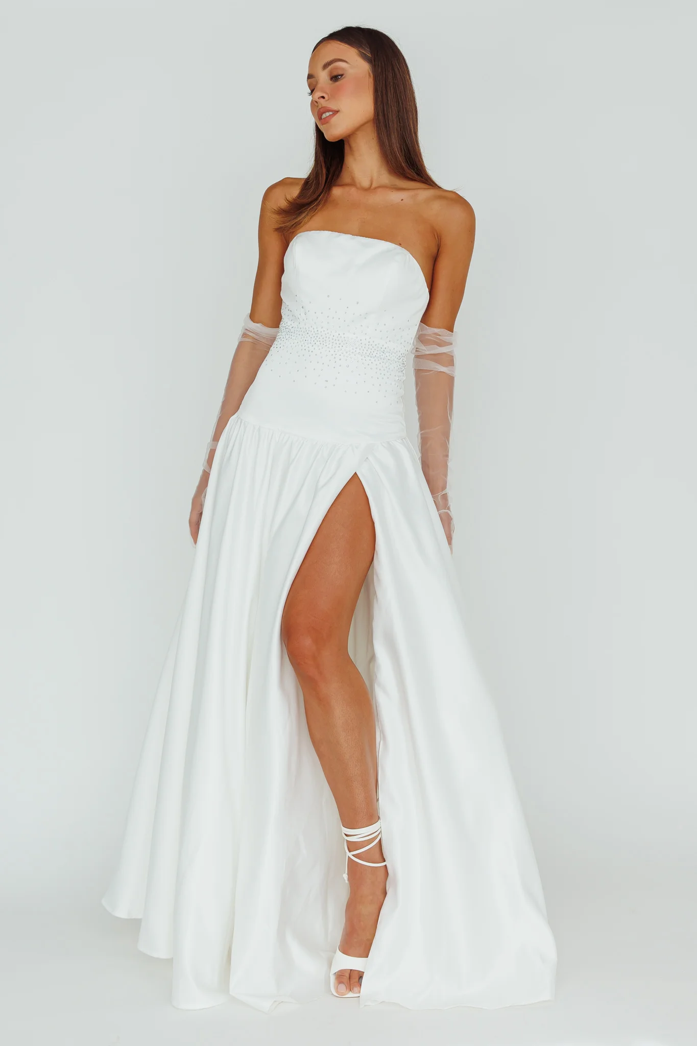 Verily Diamante Drop Waist Maxi Dress White - Sonourner