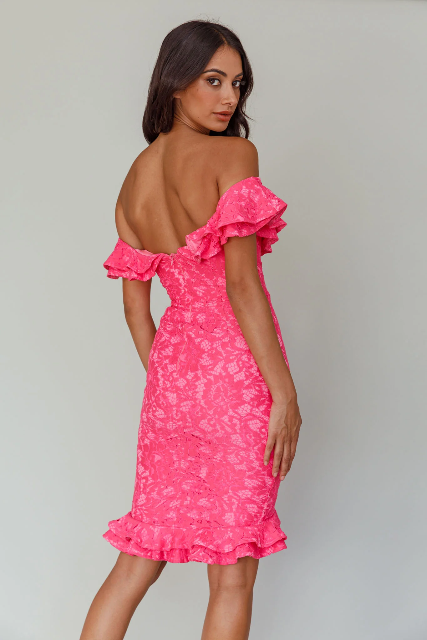 Rossi Off-Shoulder Double Ruffle Lace Dress Hot Pink - Sonourner