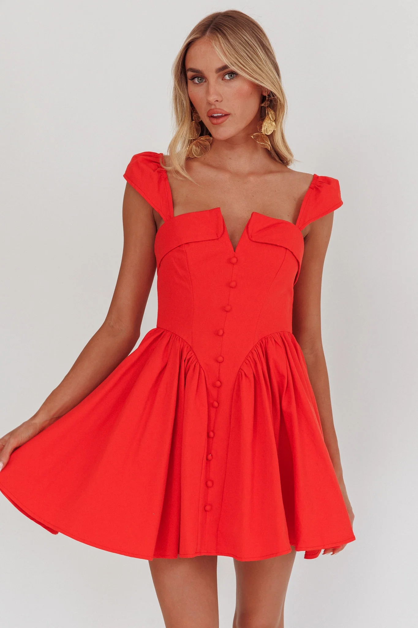 Morning Meadows Button Front Mini Dress Red - Sonourner