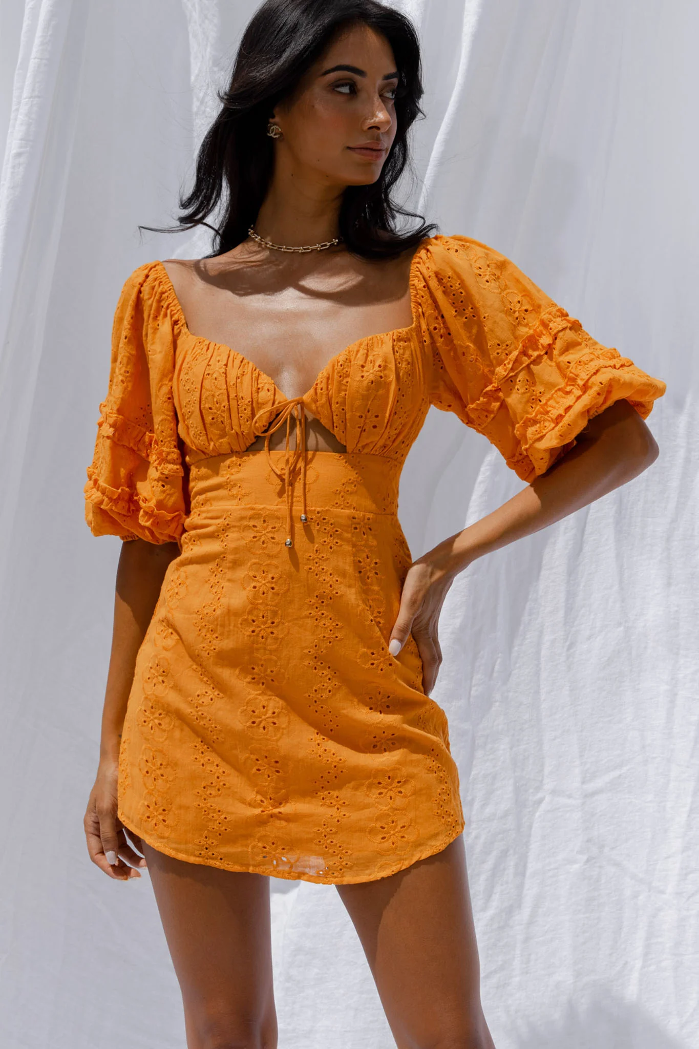 Sweet Romance Puff Sleeve Eyelet Mini Dress Sunset - Sonourner