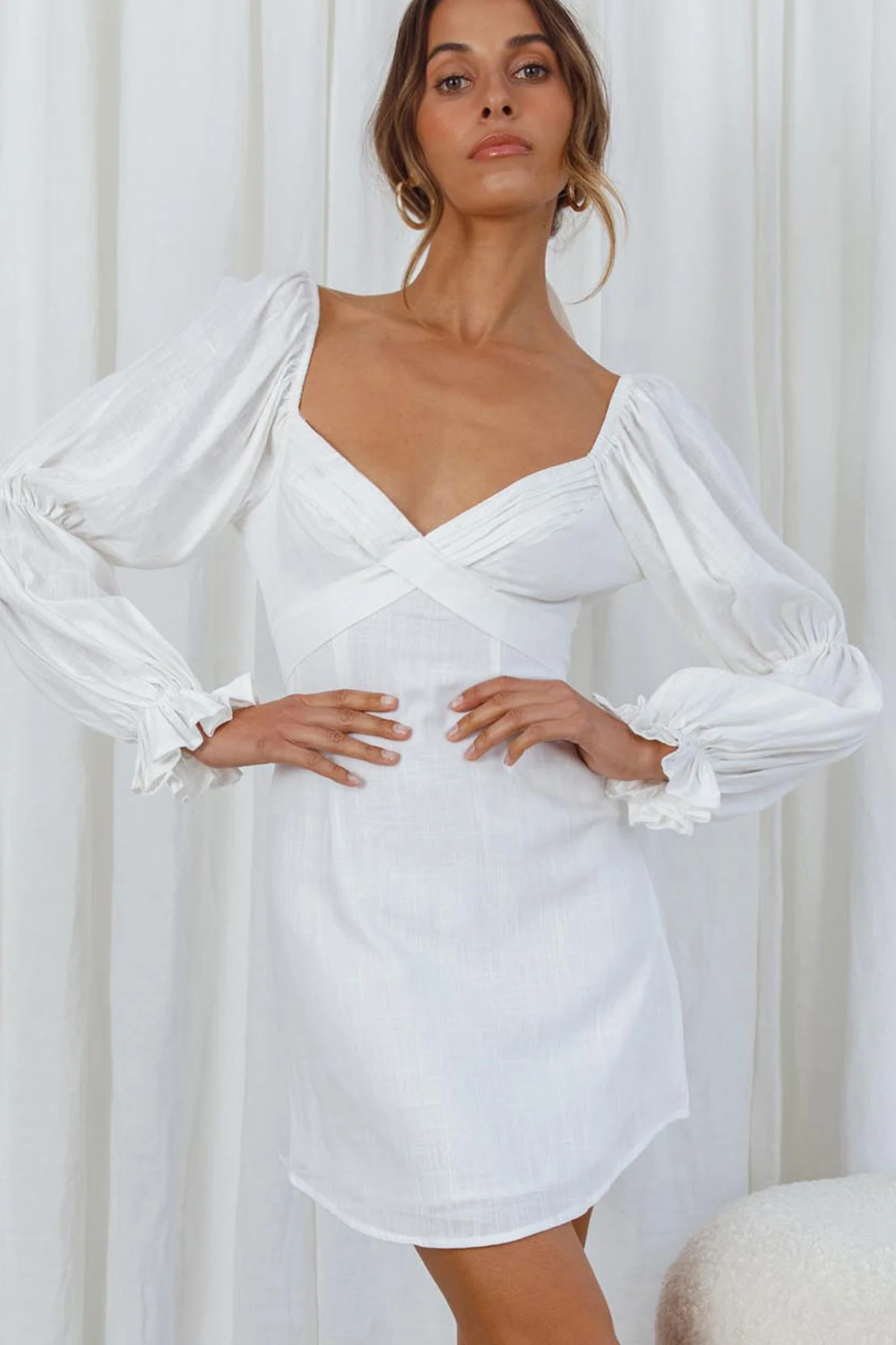 Corina Pleated Bust Long Sleeve V-Back Dress White - Sonourner
