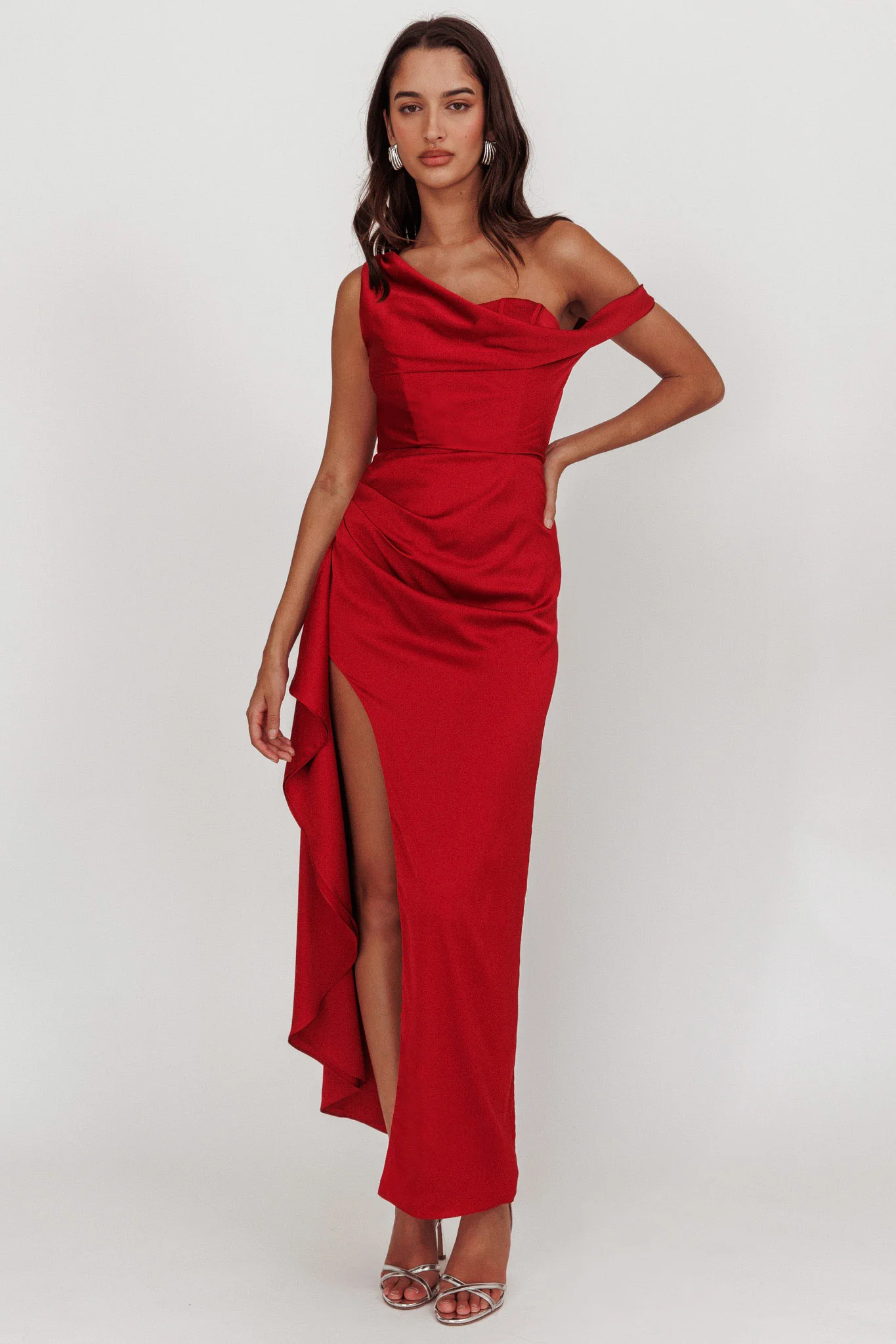 Sensations Off Shoulder Satin Maxi Dress Red - Sonourner
