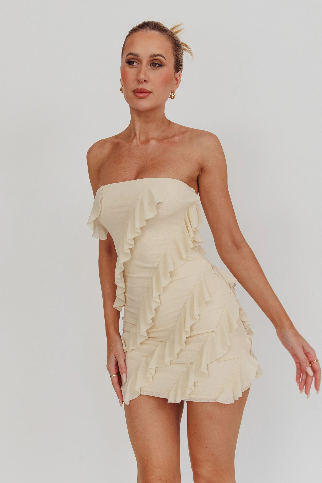 Gold Stars Strapless Ruffle Mini Dress Beige - Sonourner