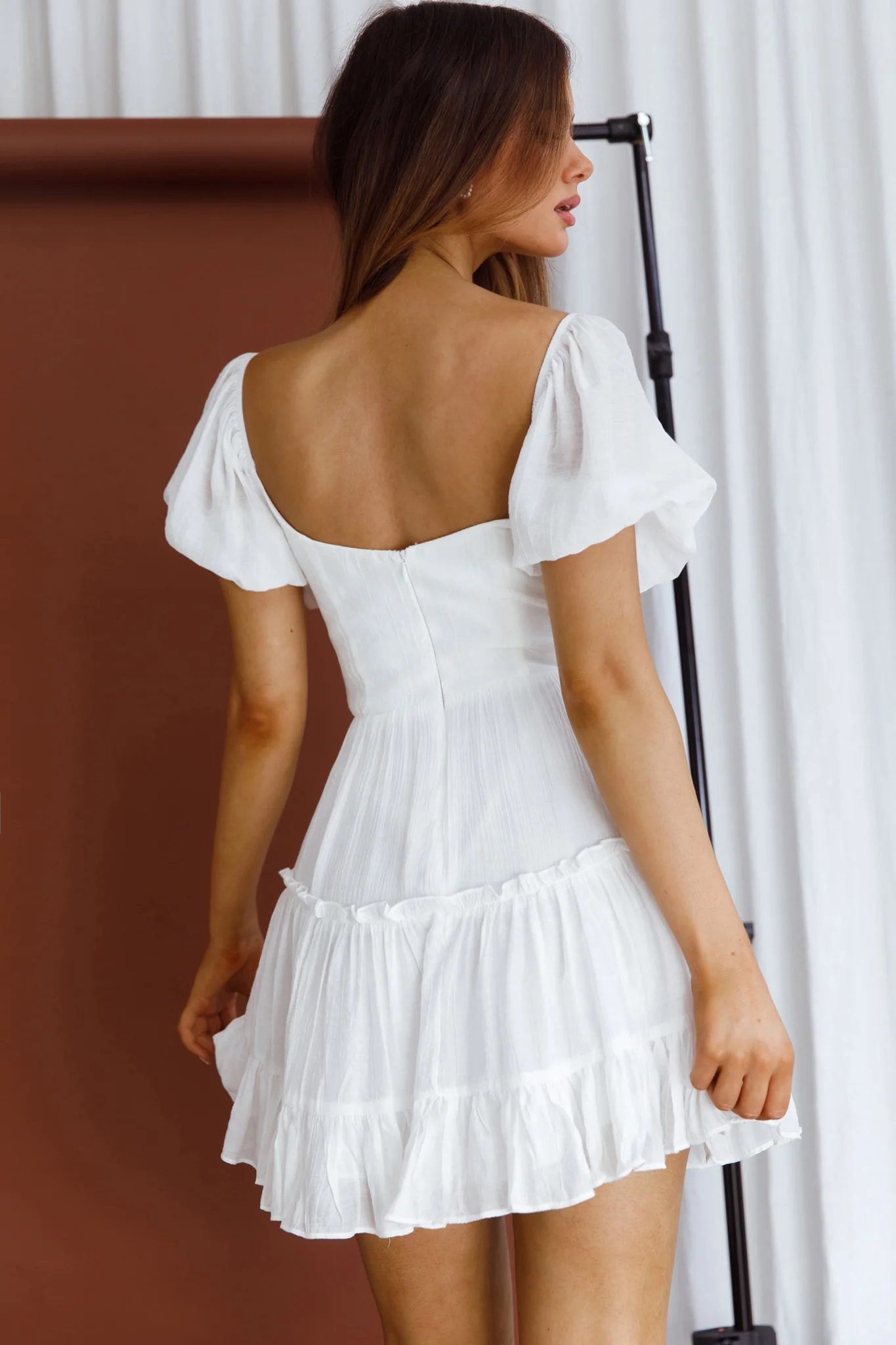 Camille Gathered Bodice Puff Sleeve Flounce Hem Mini Dress White - Sonourner