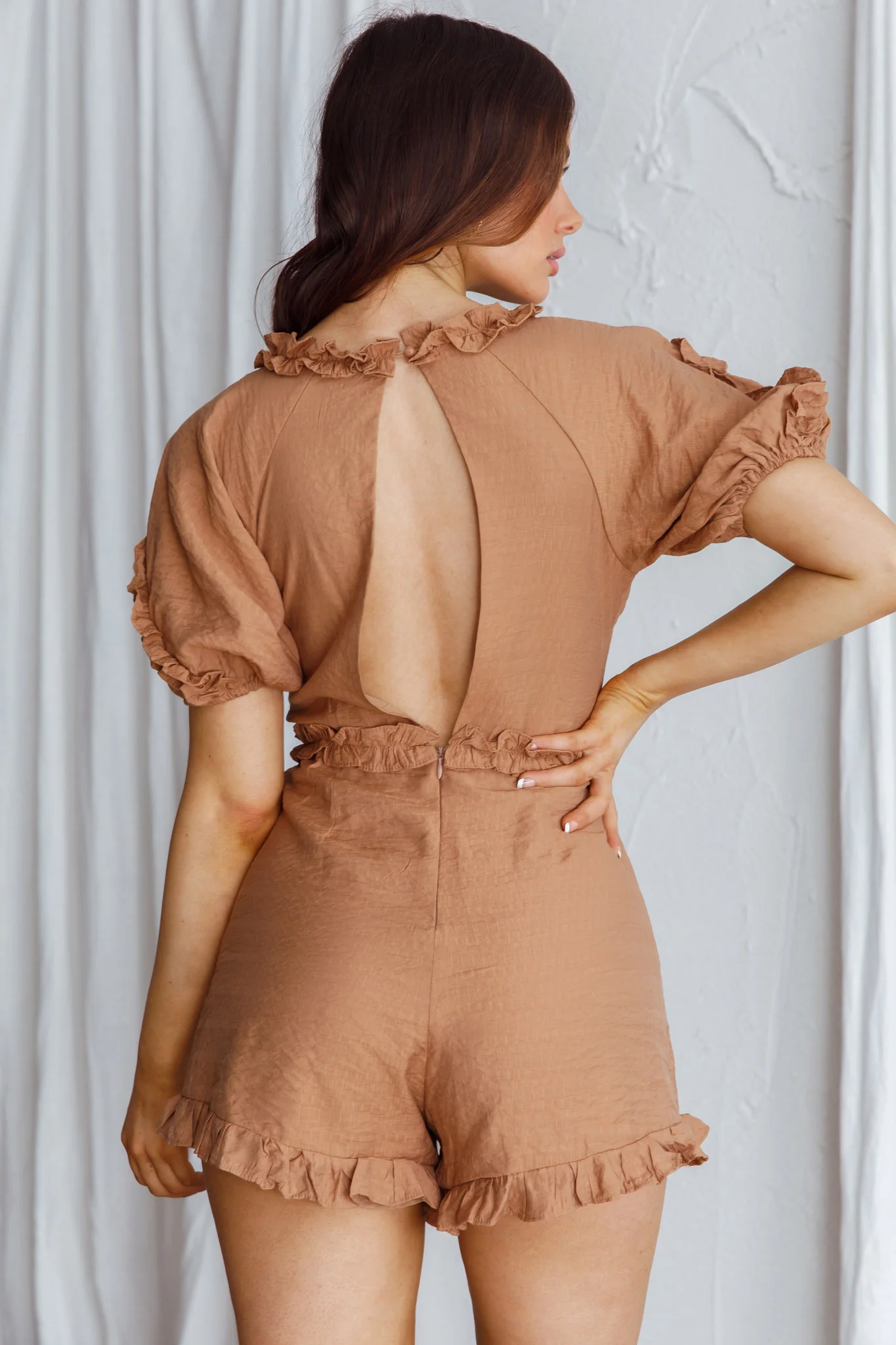 Galatia Frill Trim Puff Sleeve Romper Tan - Sonourner