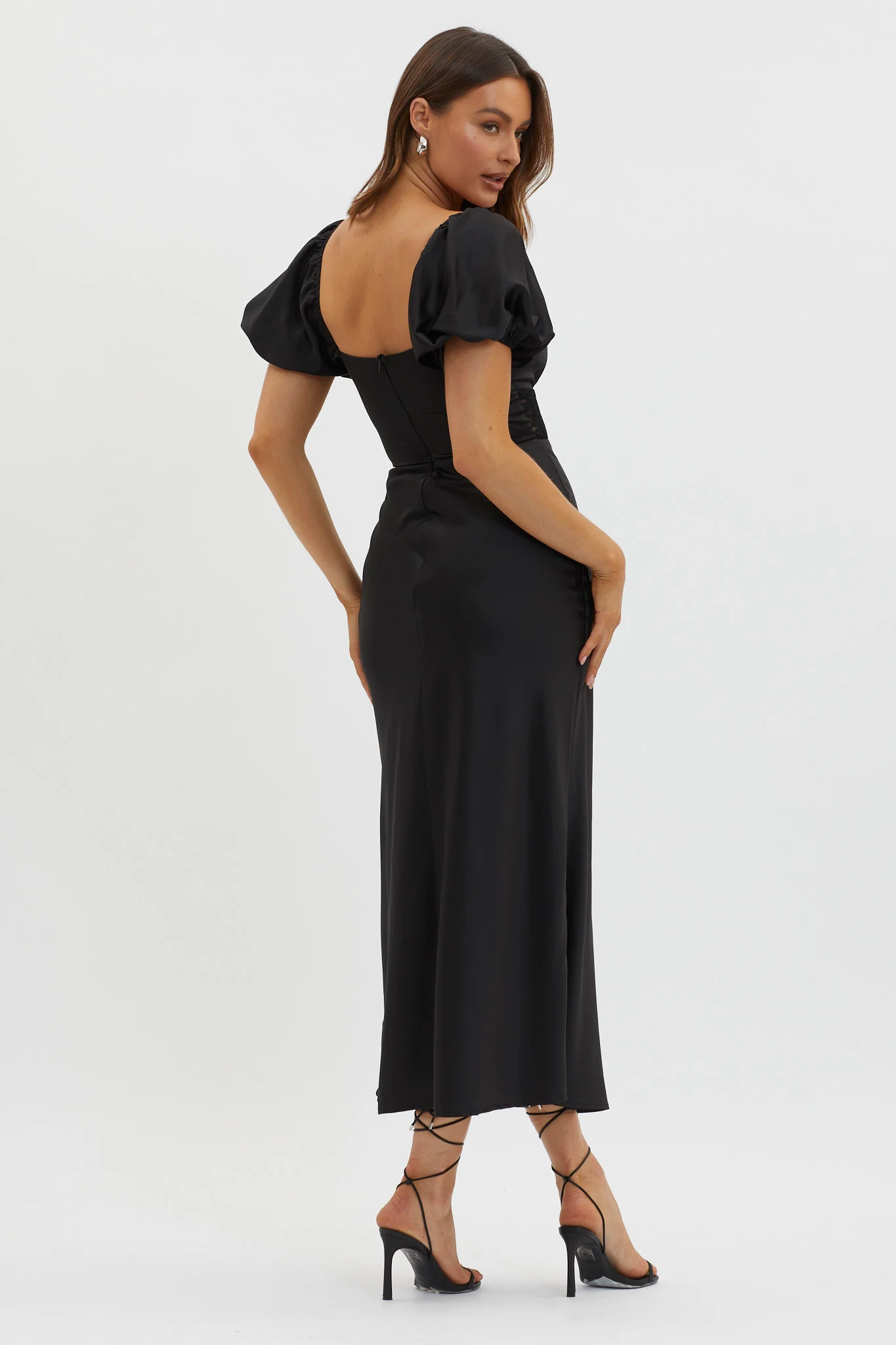 Allianna Puff Sleeve Lace Waist Midi Dress Black - Sonourner