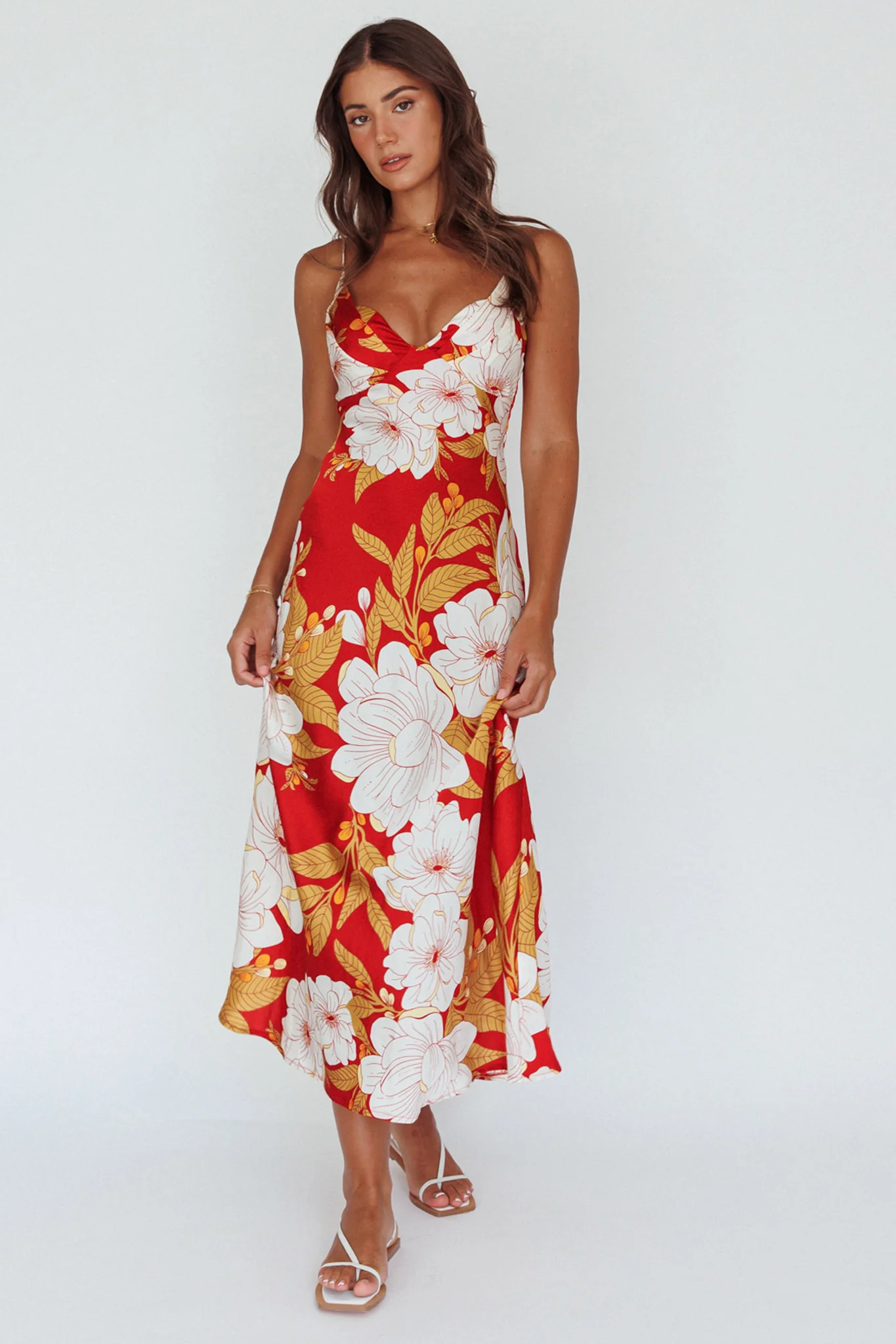 Infinity Pintuck Bust Midi Dress Flower Red - Sonourner