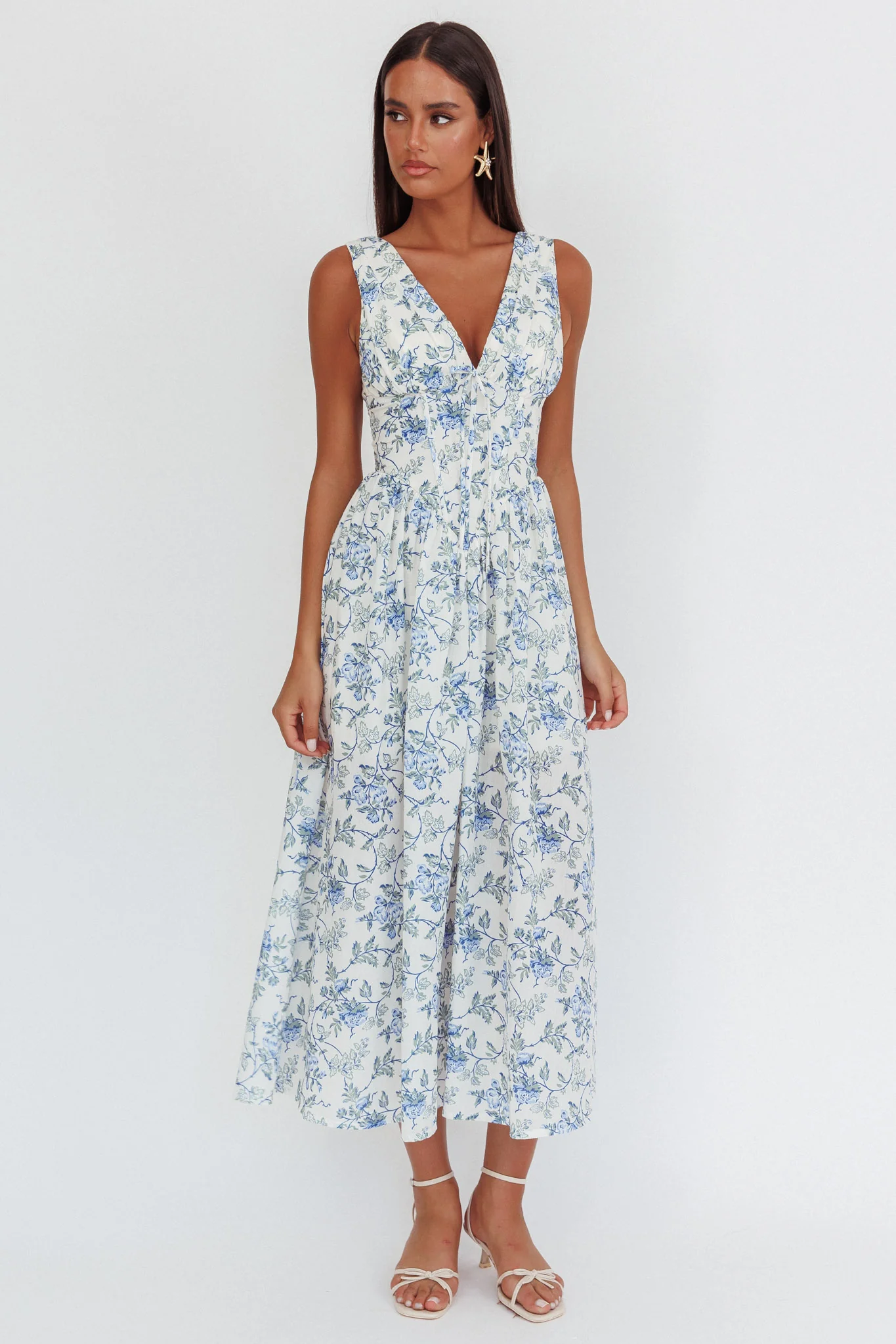 Spring Dawn Basque Waist Maxi Dress Floral Blue - Sonourner