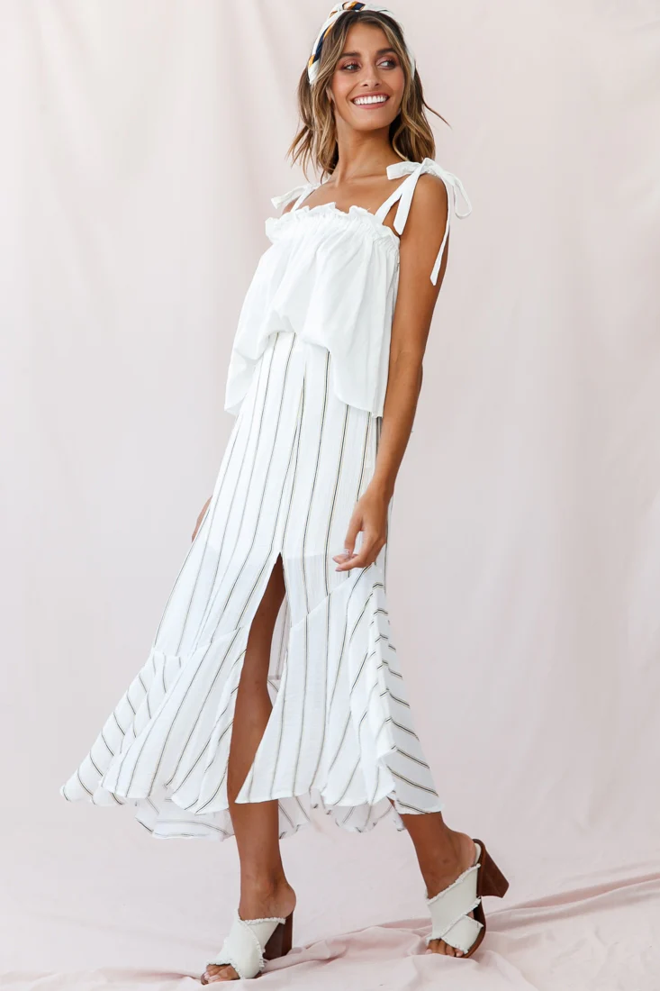 Friday Front Split Maxi Skirt Stripe Print Mustard/Navy - Sonourner