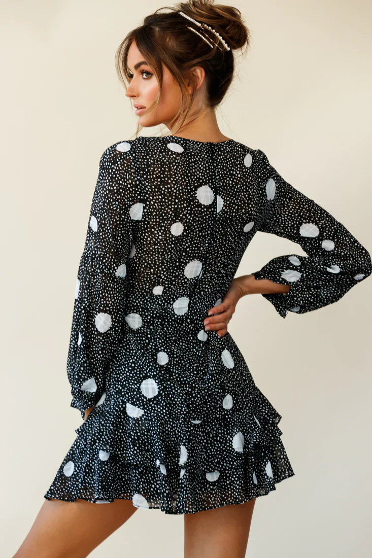 Kerry Layered Balloon Sleeve Dress Spot Print Black - Sonourner