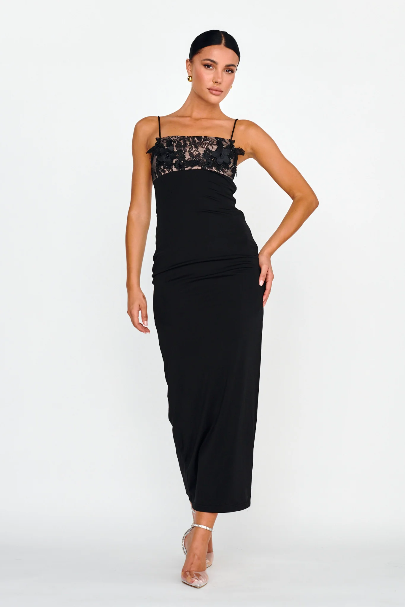 Misha Embellished Bust Midi Dress Black - Sonourner