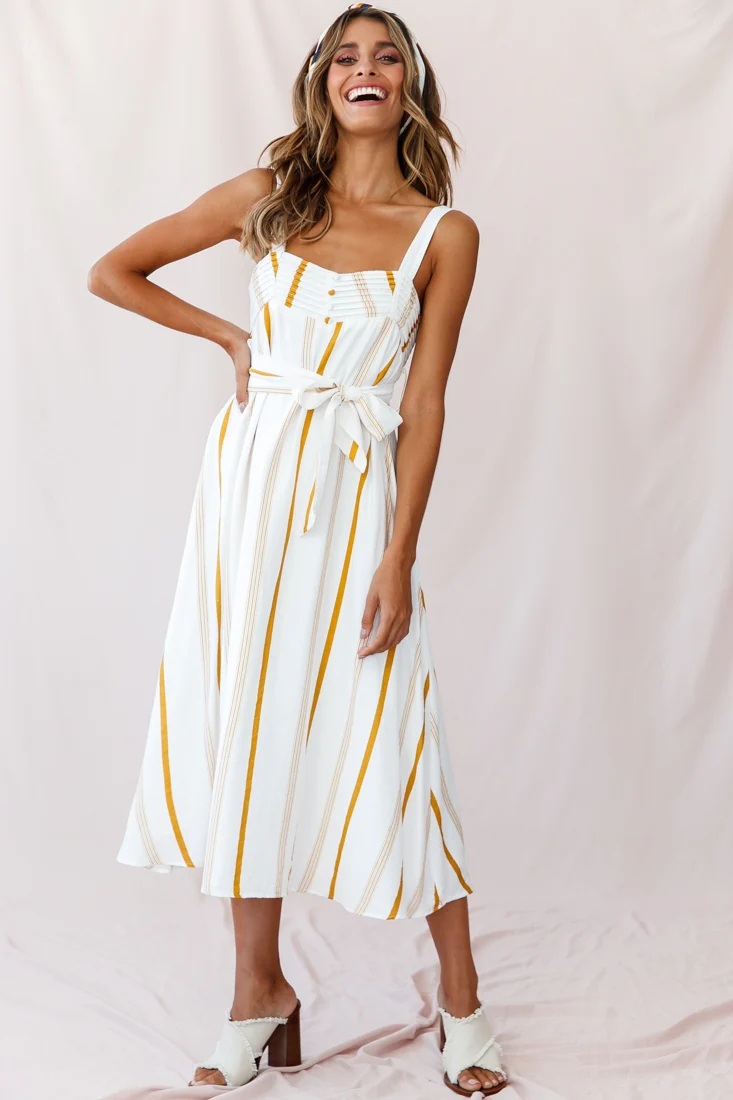 Colmar Wide Strap Midi Dress White Mustard Stripe - Sonourner