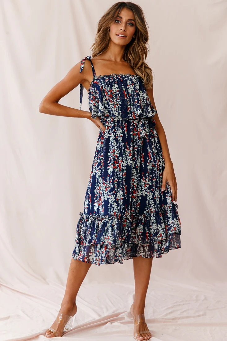 Maeve Shoulder Tie Layered Ruffle Dress Navy - Sonourner