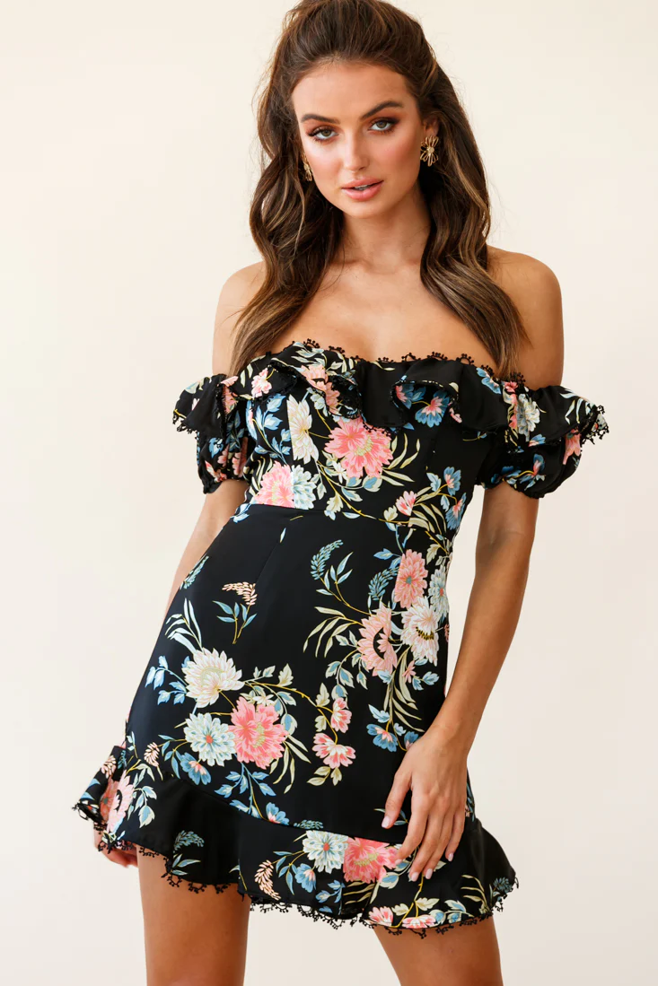 Bobby Bardot Neckline Puff Sleeve Dress Black - Sonourner