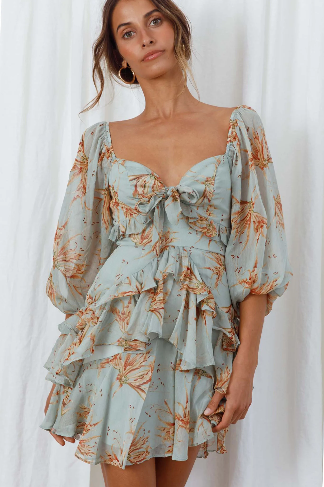 Flower Child Three Quarter Sleeve Bust Tie Ruffle Dress Lily Print Pistachio - Sonourner