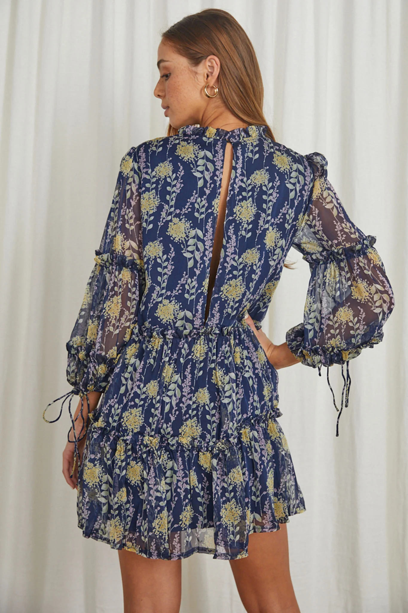 Beatrix High Neck Balloon Sleeve Dress Floral Midnight Blue - Sonourner