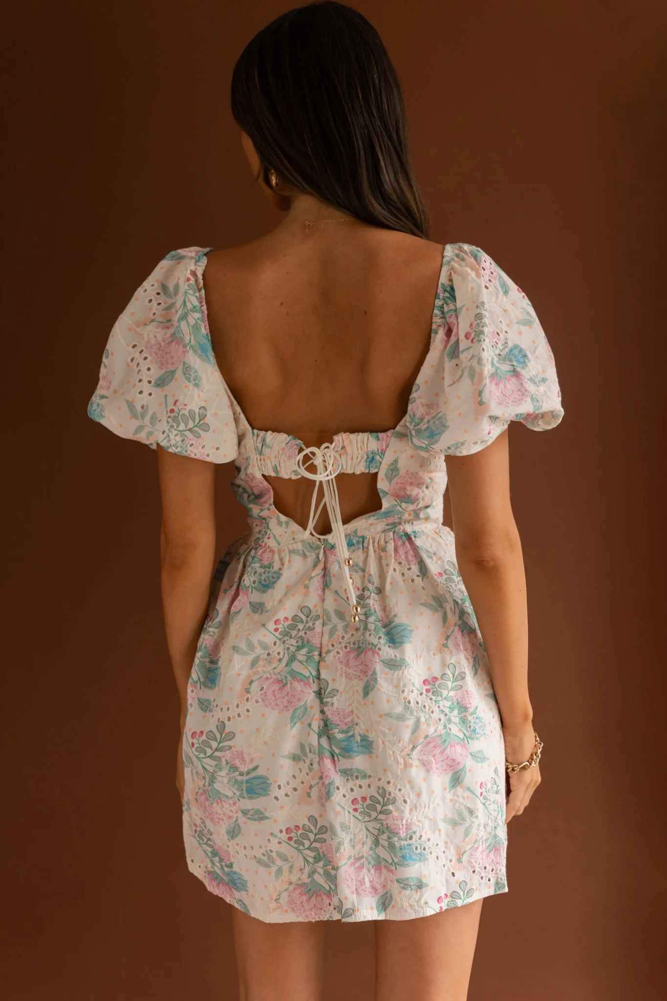 Lovers Lane Lace Trim Puff Sleeve Dress Floral Apricot - Sonourner